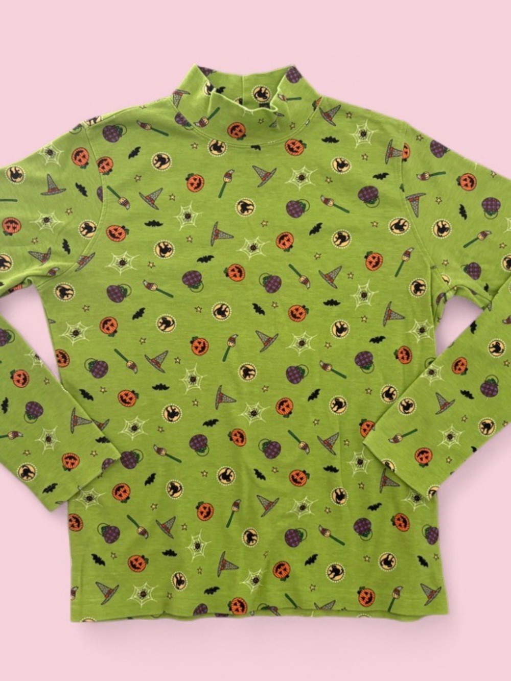 Vintage Mountain Lake Halloween Lime Green Mock Neck Print Top Size M